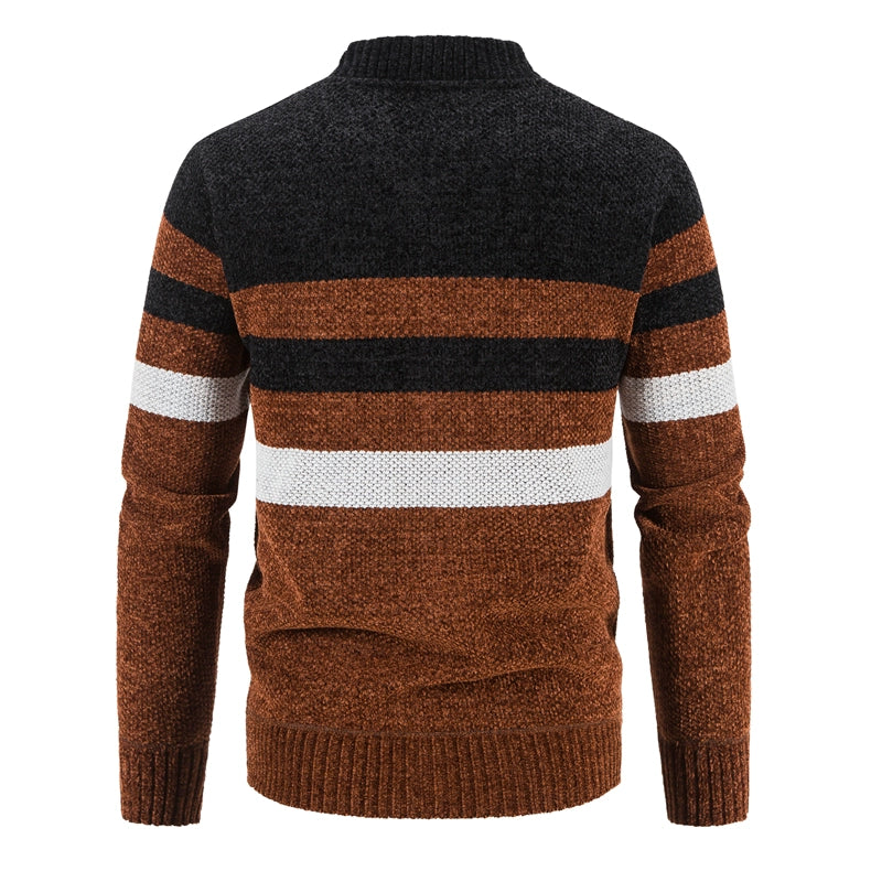 Men's Slim Fit Striped Cardigan - Stand Collar Knitted Sweater Coat