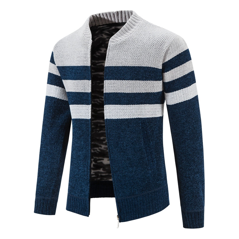Men's Slim Fit Striped Cardigan - Stand Collar Knitted Sweater Coat