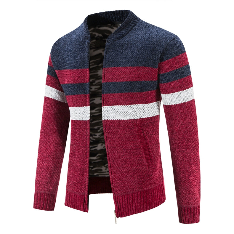 Men's Slim Fit Striped Cardigan - Stand Collar Knitted Sweater Coat