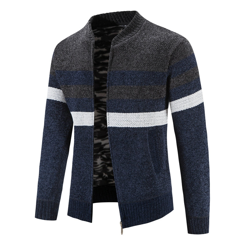 Men's Slim Fit Striped Cardigan - Stand Collar Knitted Sweater Coat