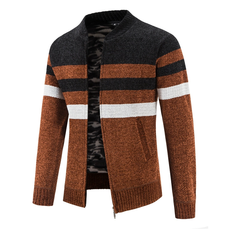 Men's Slim Fit Striped Cardigan - Stand Collar Knitted Sweater Coat
