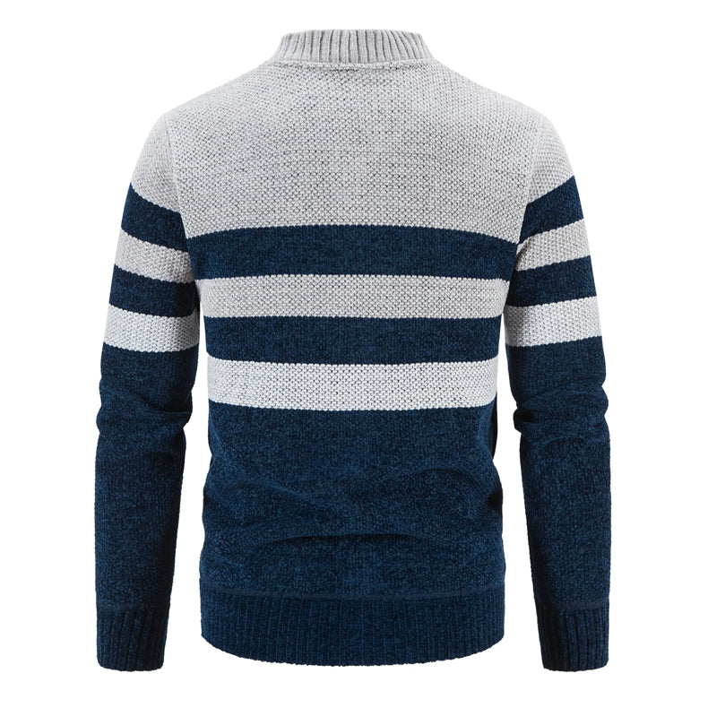 Men's Slim Fit Striped Cardigan - Stand Collar Knitted Sweater Coat