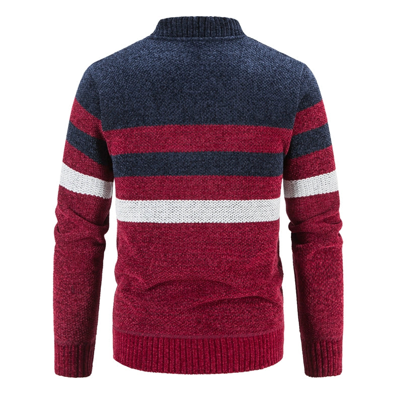 Men's Slim Fit Striped Cardigan - Stand Collar Knitted Sweater Coat