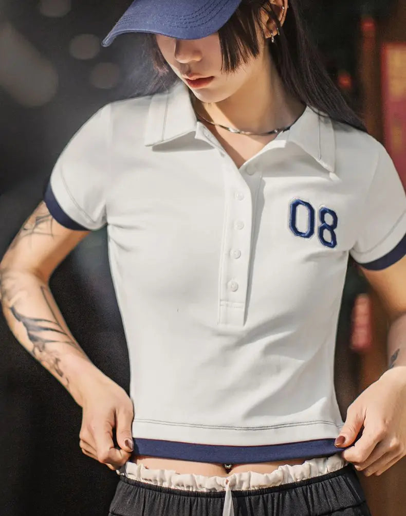 Women's White Embroidered Polo Shirt - Preppy Short Sleeve Tennis Top with Color-Block Design