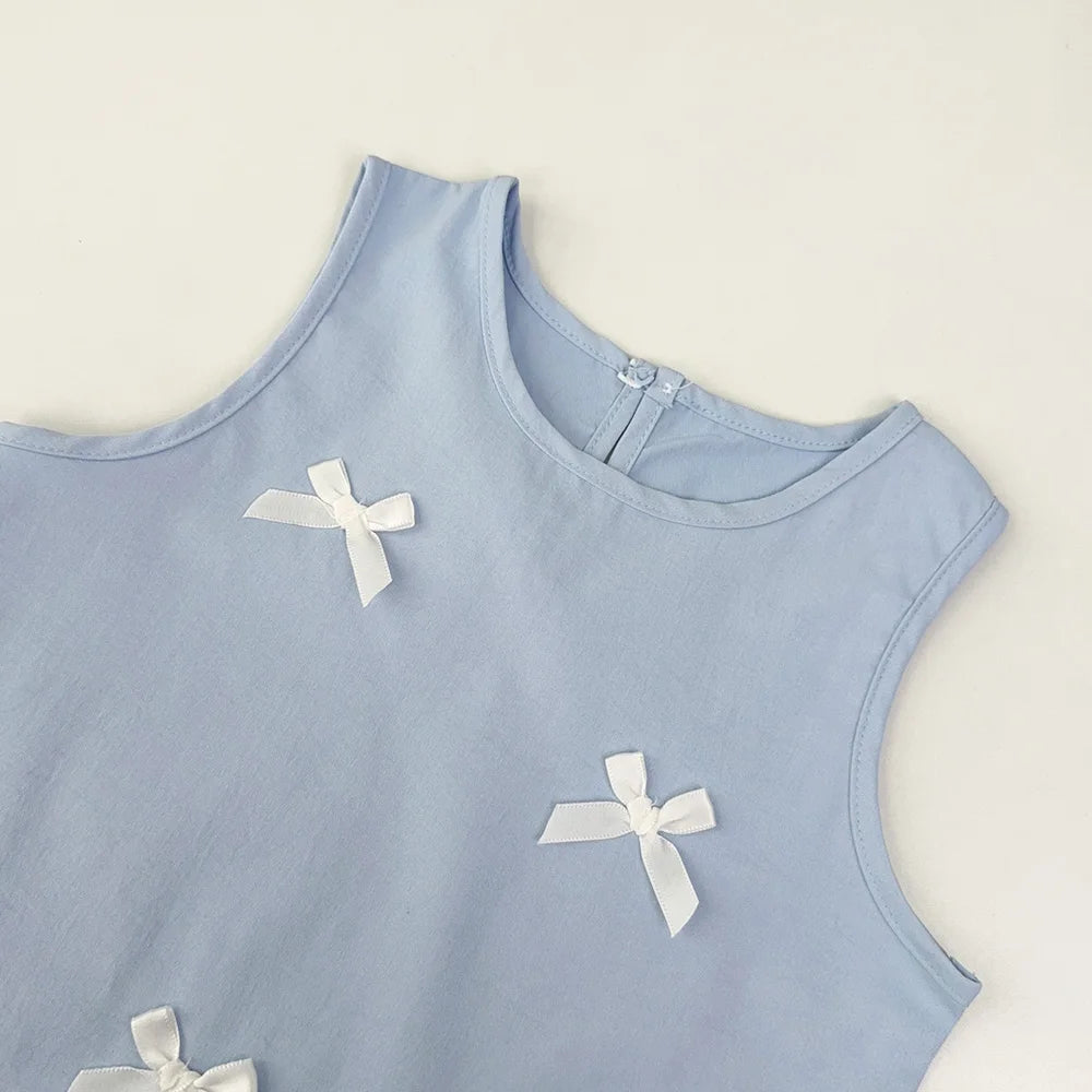 Girl's Summer Casual Round Neck Bow Sleeveless Princess Dress