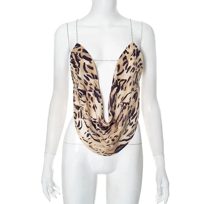 Women's Leopard Print Draped Cami Top - Deep V Neck Chain Detail Backless Crop Top