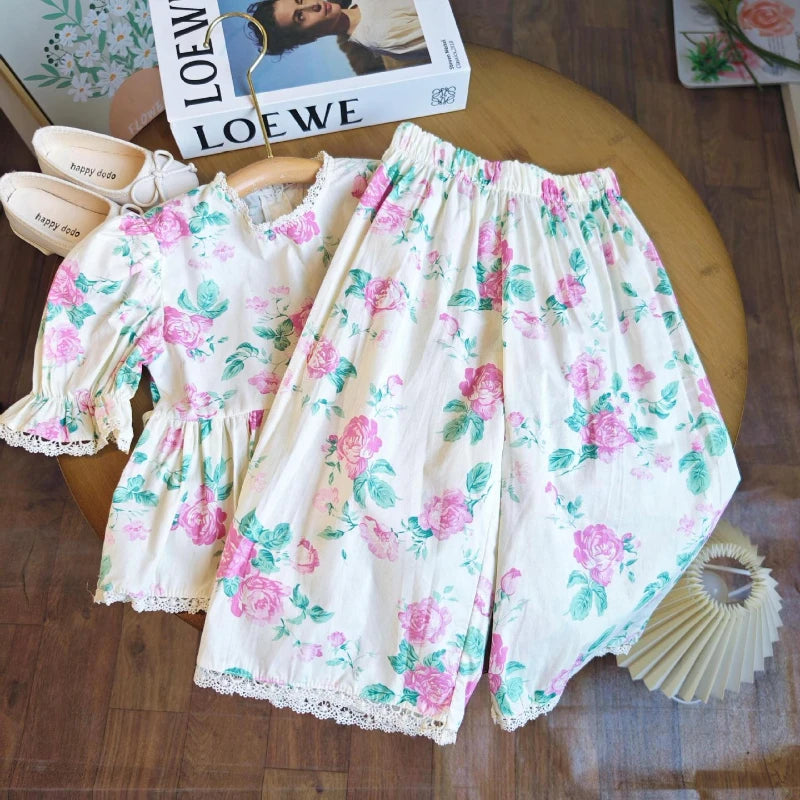 Girl's Sleeveless Doll Shirt and Bow Printed Seven Part Pants 2PCS Set