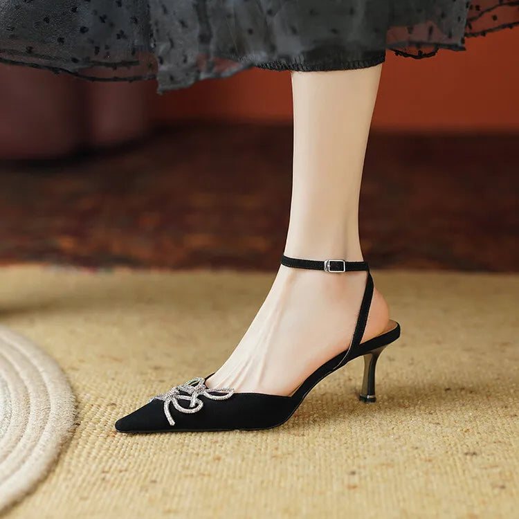 Women's Pointed Toe Rhinestone Wedding Sandals - Bowknot Pendant Pumps