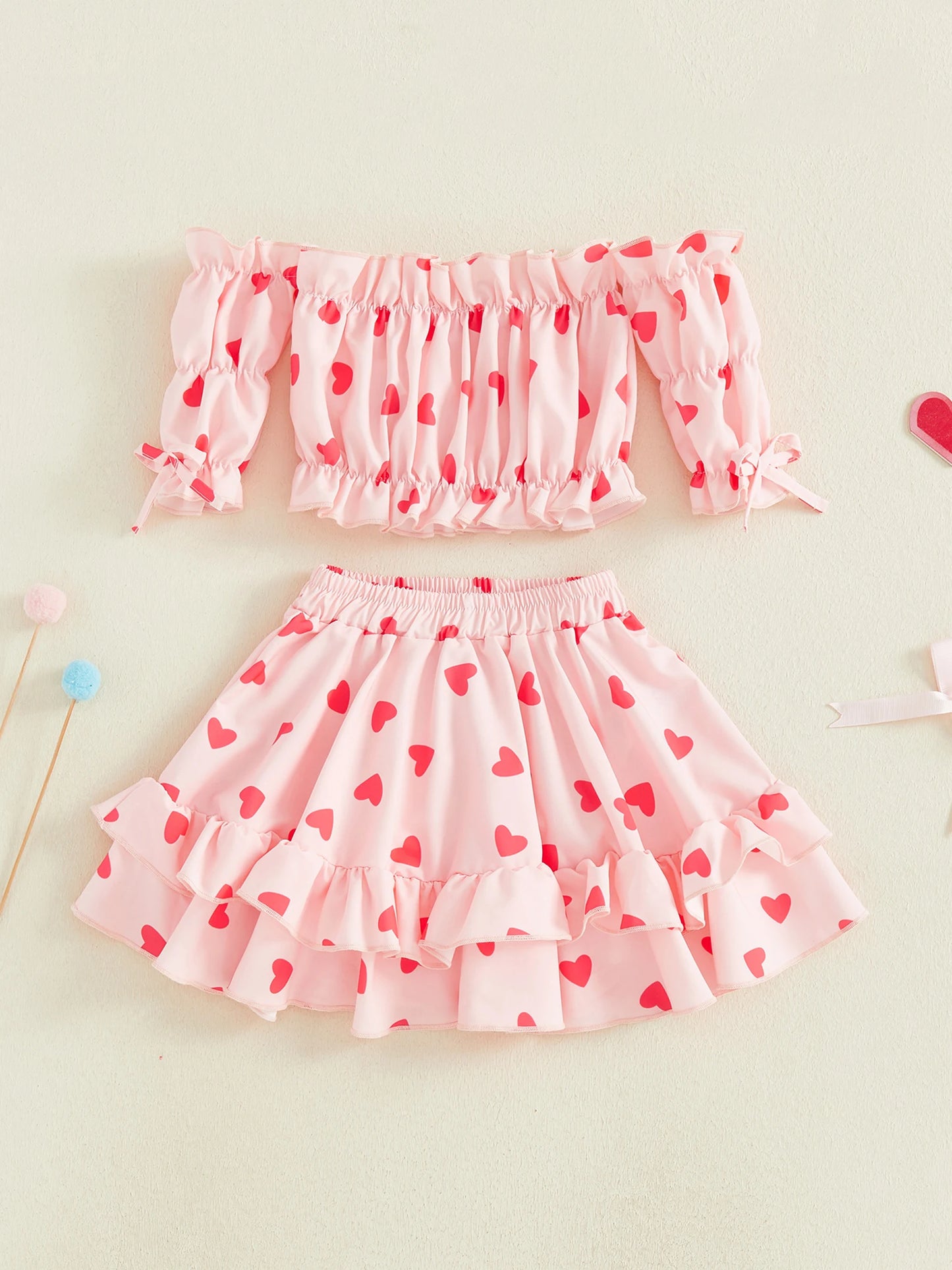 Valentine's Day Girls Outfit Set - Heart Print Off Shoulder Top & A-Line Skirt