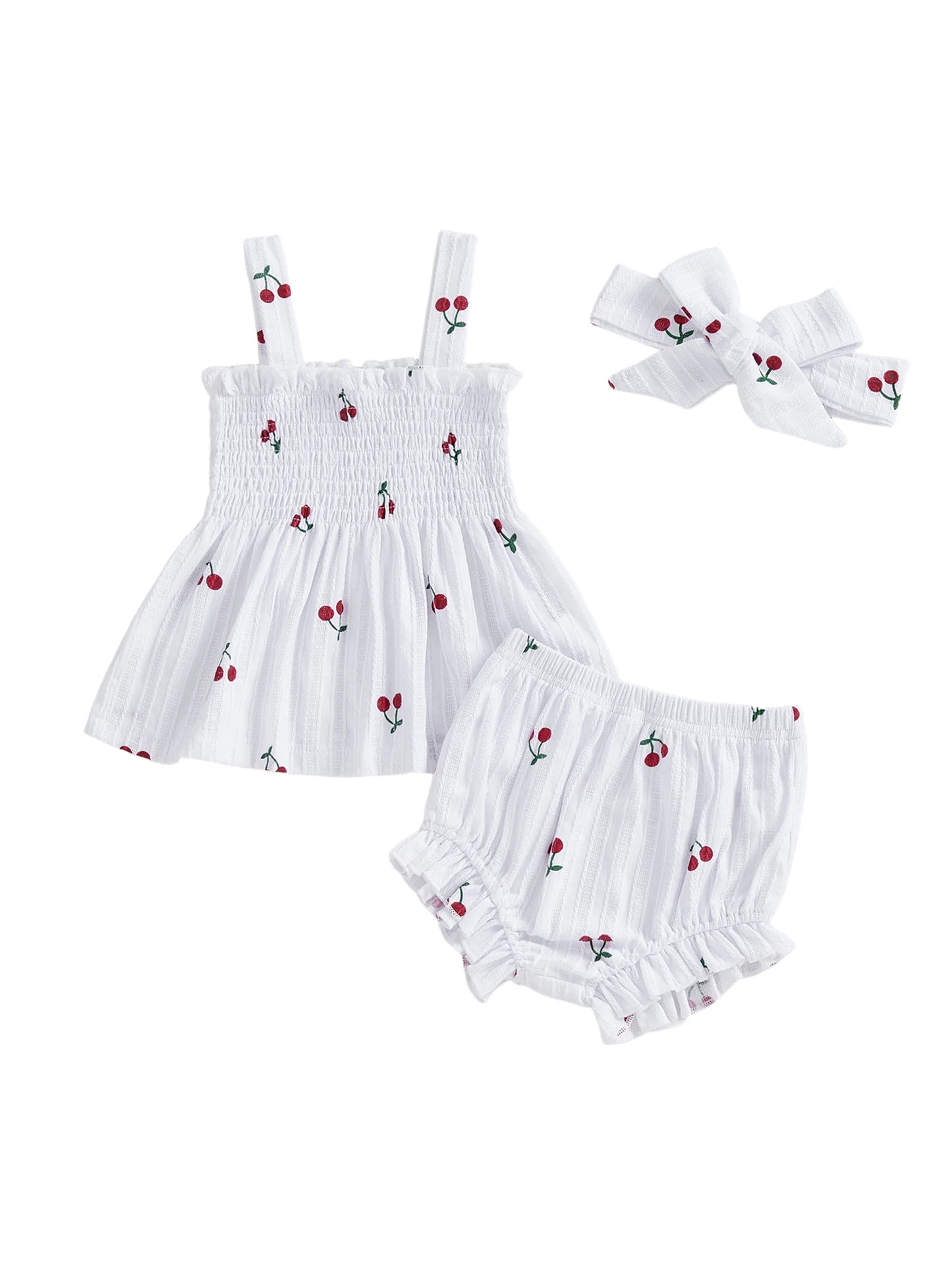 Baby Girls Summer Outfit Set - Cherry Print Square Collar Top with Ruffled Shorts & Headband 0-24M