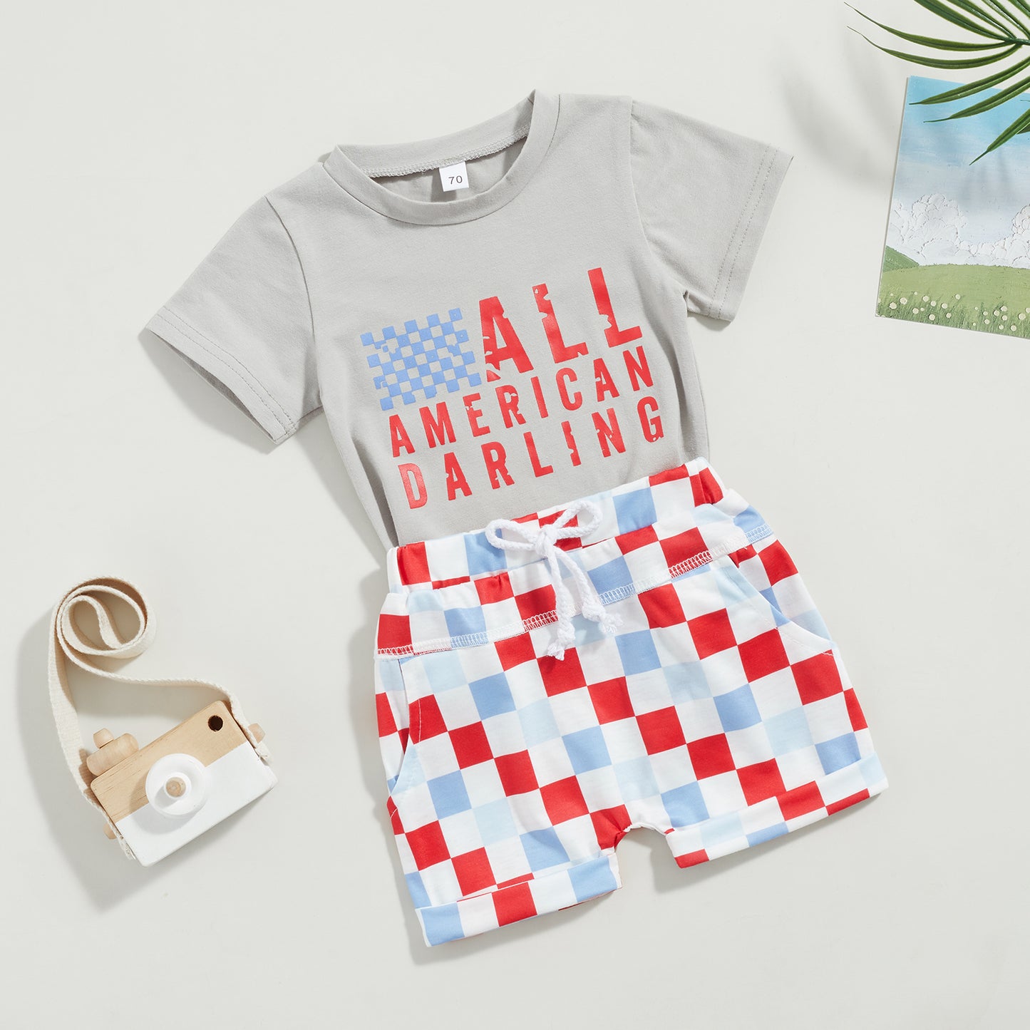 0-3Y American  Baby Girls Boys Clothes Sets Letter Print Short Sleeve T-Shirts and Checkerboard Shorts 2Pcs