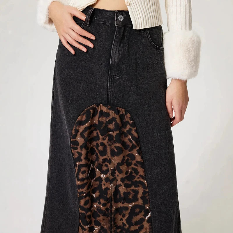 Women's Leopard Splice Denim Versatile Midi High Waist Slit Print Skirt