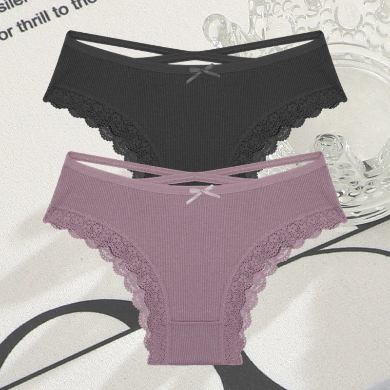 Women's Cotton Panties - 2 Pack Lace Brazilian Briefs Low-Waist