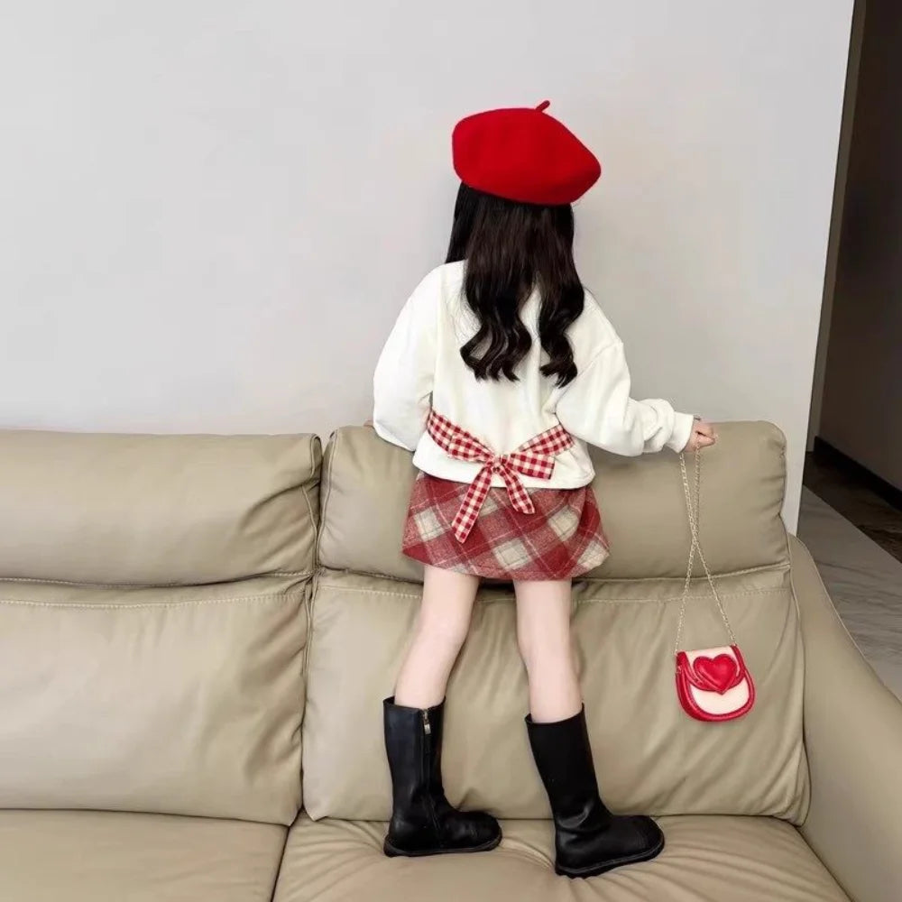 3-7 Years Girl's Clothes Autumn  Bow Print Long Sleeved Top and Plaid Skirt Easter Two-piece Set