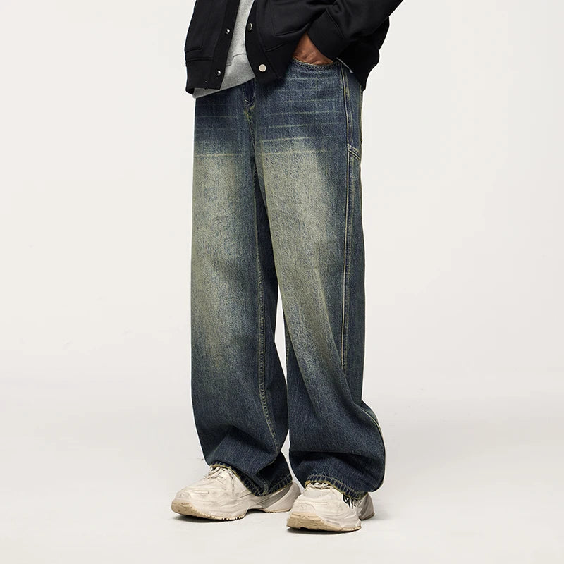 Unisex Retro Washed Jeans Stretch Straight Leg Denim Trousers