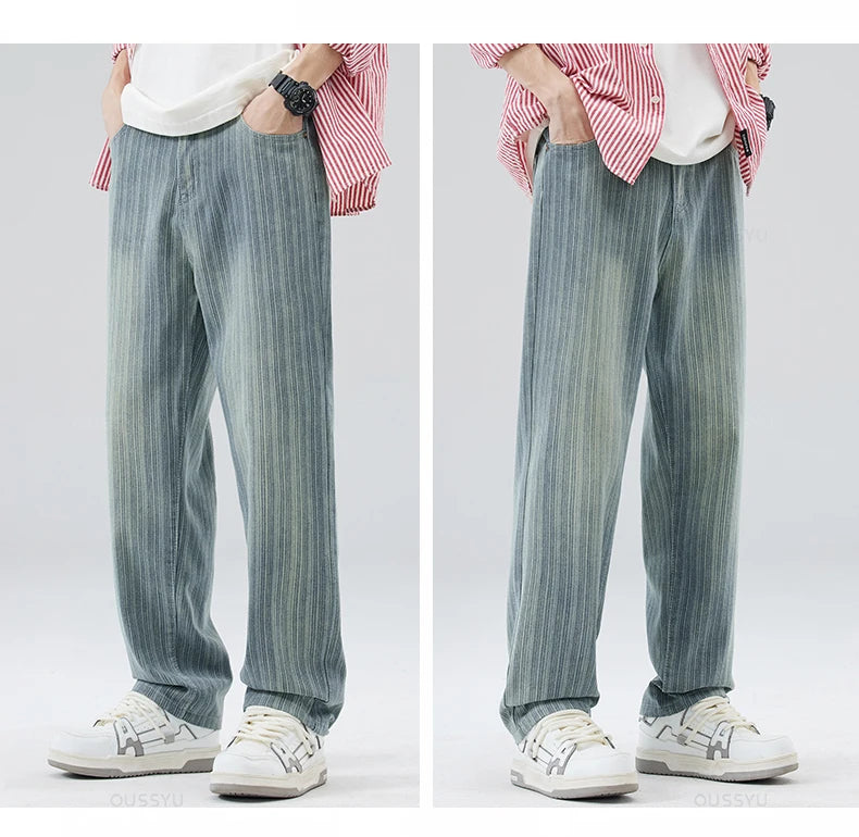 Men's Cotton Striped Straight Leg Jeans | Zipper Fly | Moustache Effect Wash | Midweight | Spring Summer | High Street