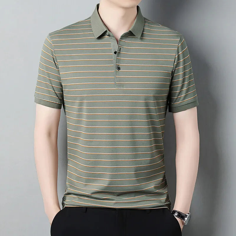 Men's Summer Striped Turn Down Collar Short Sleeve Smart Casual Wrinkle Free T-Shirt