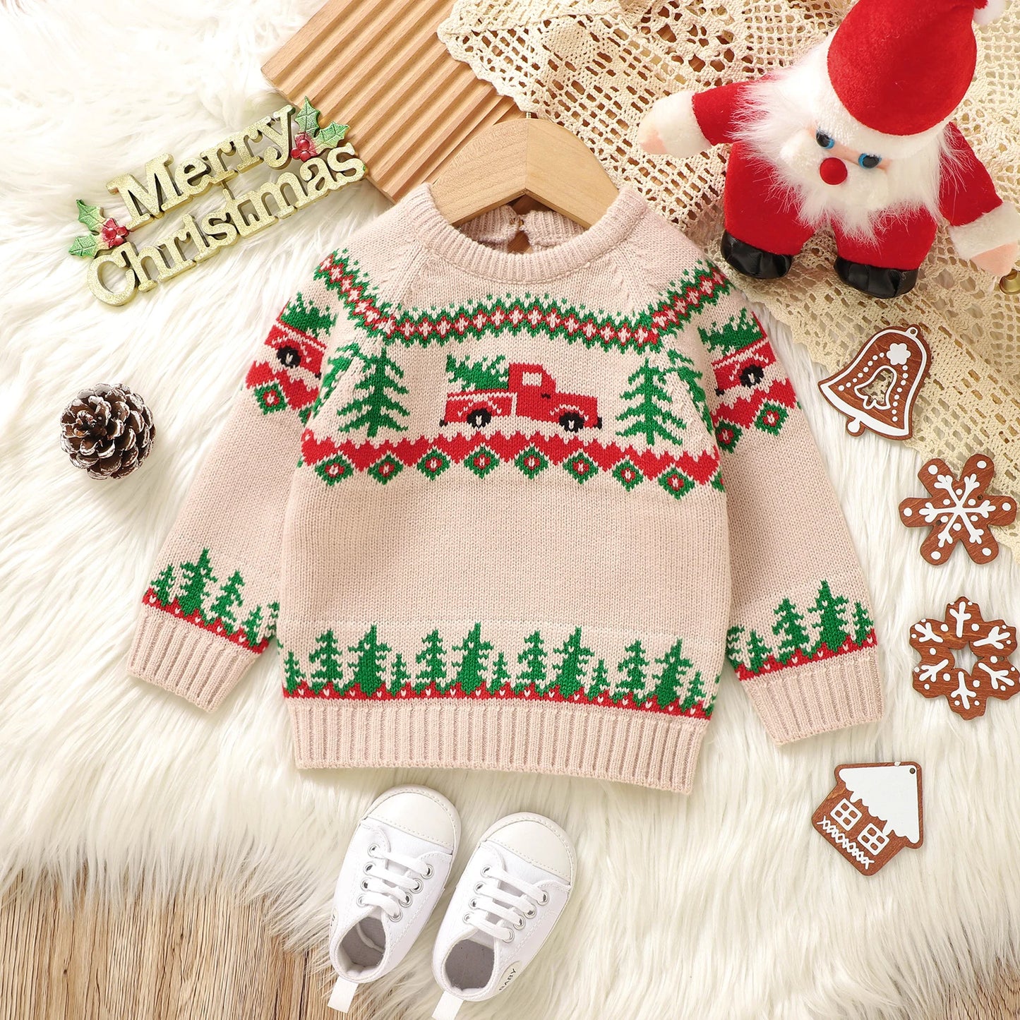 0-3Y Infant Baby Boys Christmas Sweaters Long Sleeve Round Neck Xmas Trees Embroidery Knit Pullovers Jumper Top