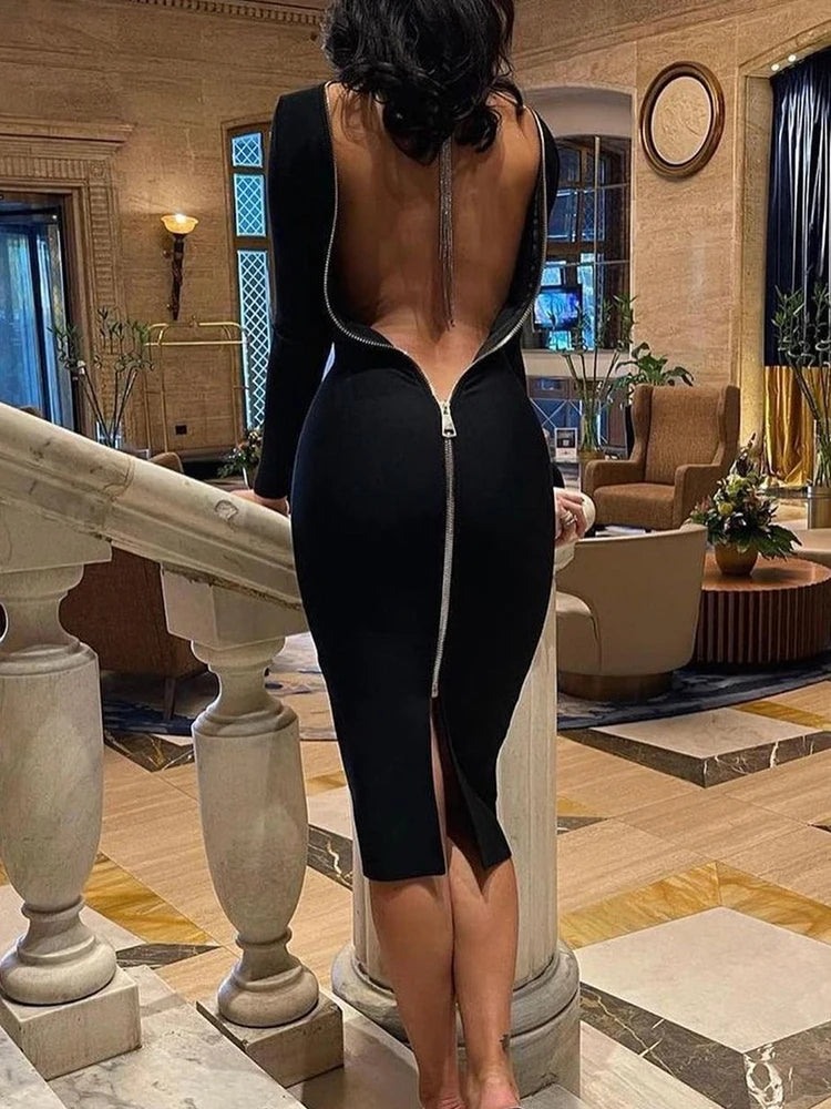 Women's Backless Long Sleeve Back Zipper Bodycon Dress