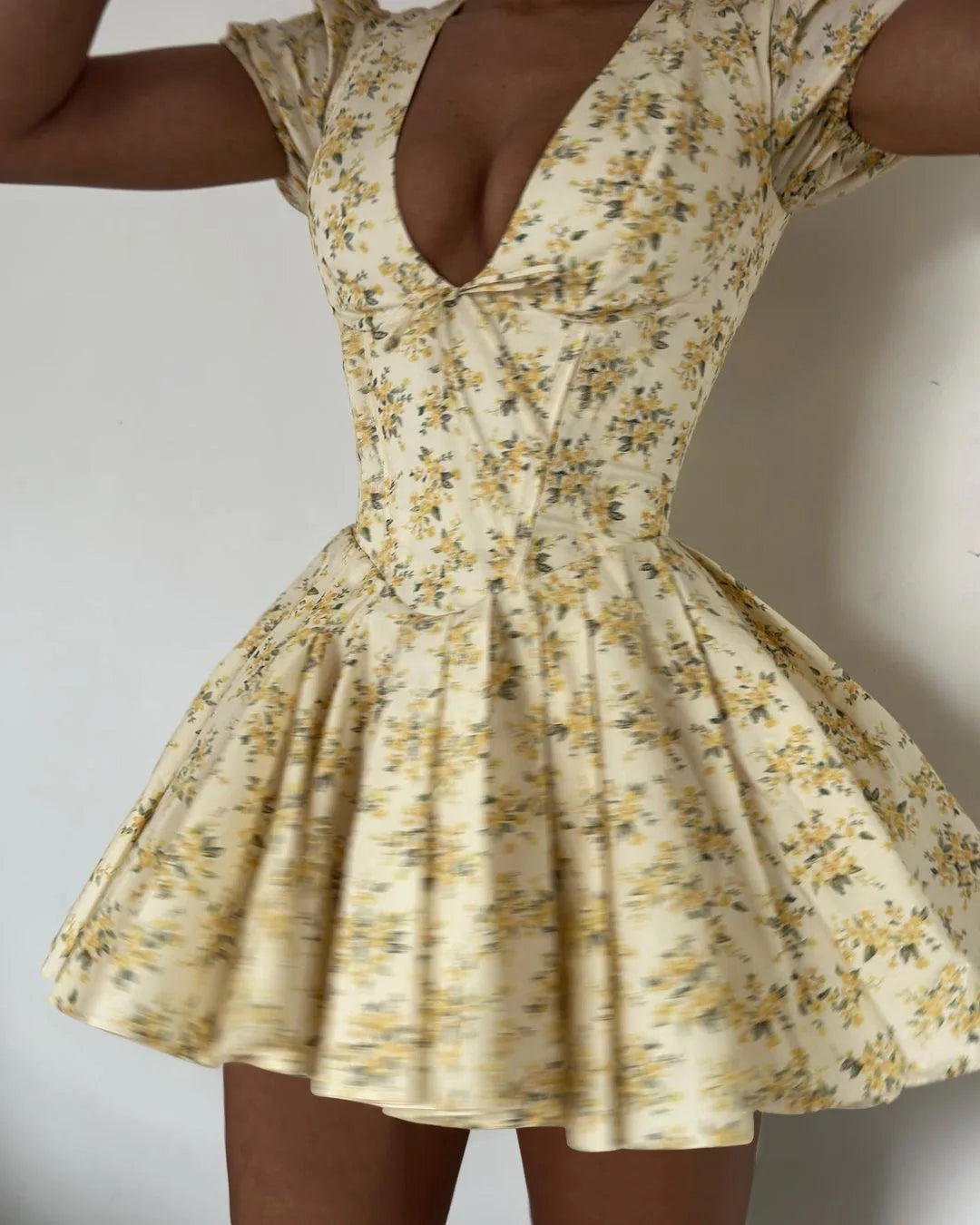 Women's Elegant Puff Sleeve Corset Floral V Neck Mini Dress - Grunge V Habby Business Women's Elegant Puff Sleeve Corset Floral V Neck Mini Dress - Grunge V Habby Business