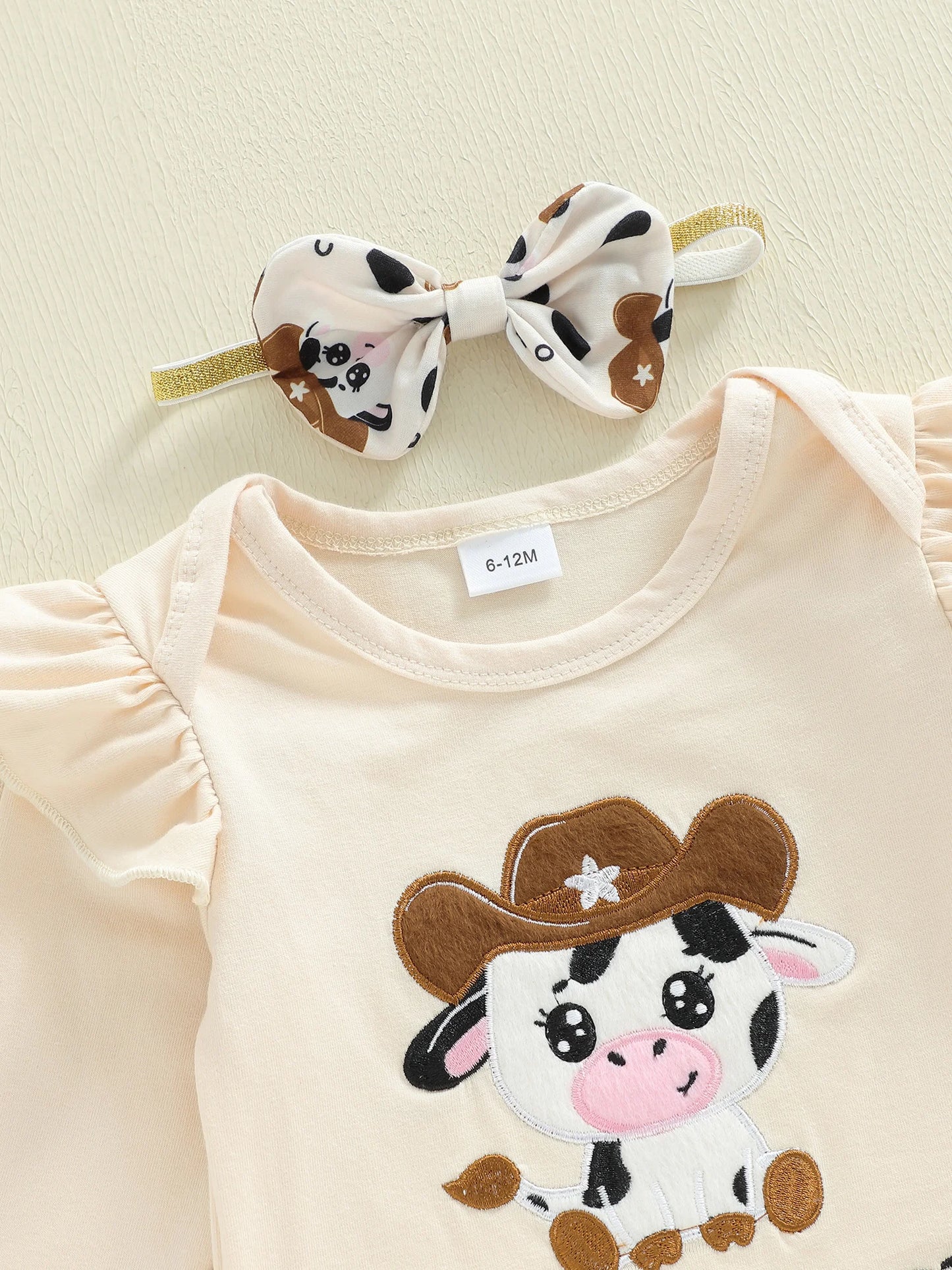 Newborn Baby Girls Boys Outfit Set - Cow Embroidery Romper with Skirt & Accessories 0-12M