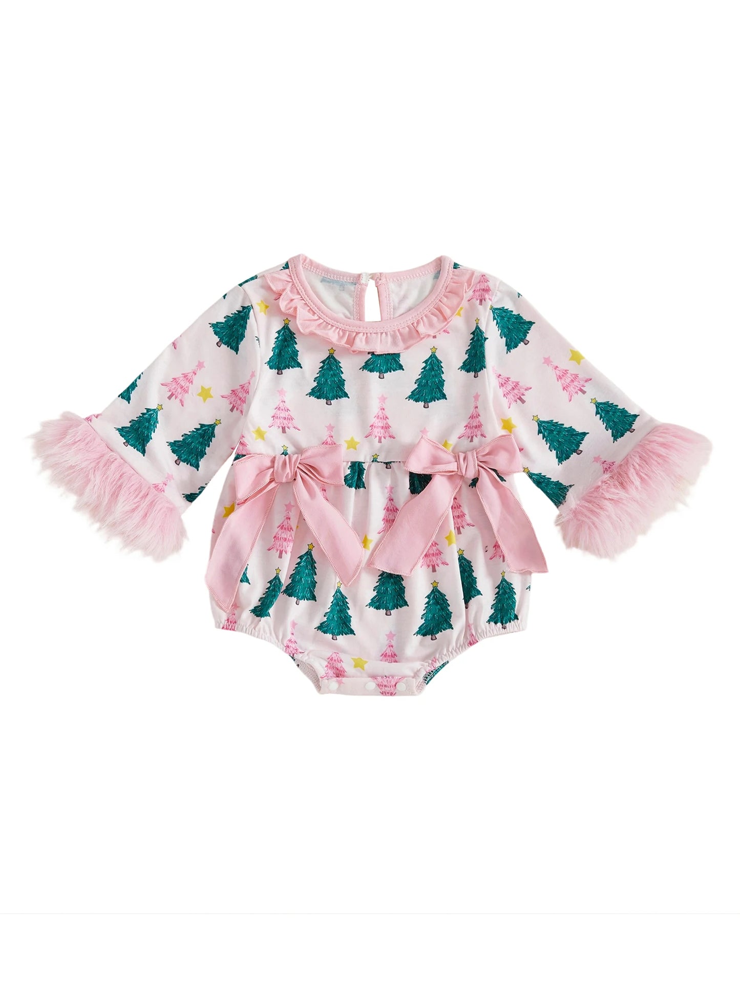 Baby Girls' Christmas Tree Print Romper - Festive Long Sleeve Jumpsuit