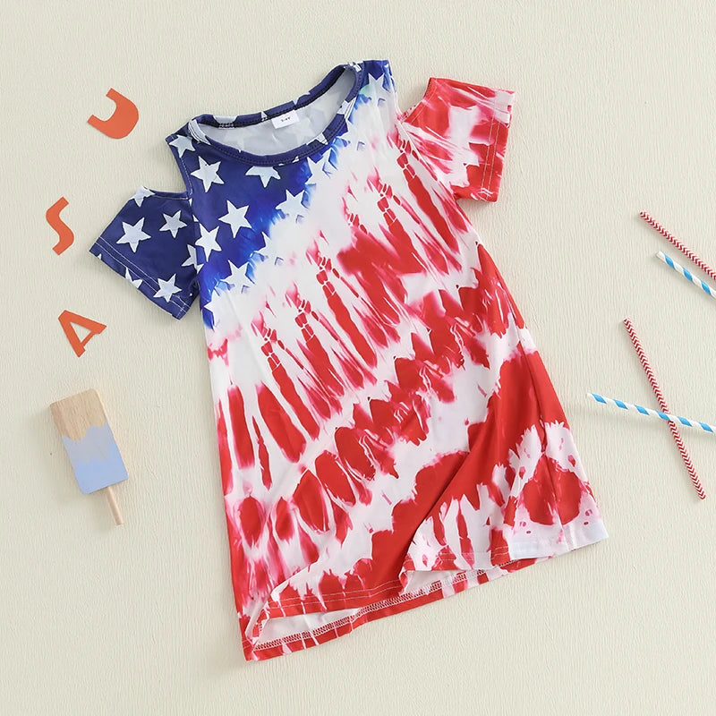 1-8Y  Kids Girls USA Flag Star Tie-Dye Print Short Sleeve Casual Summer Dress