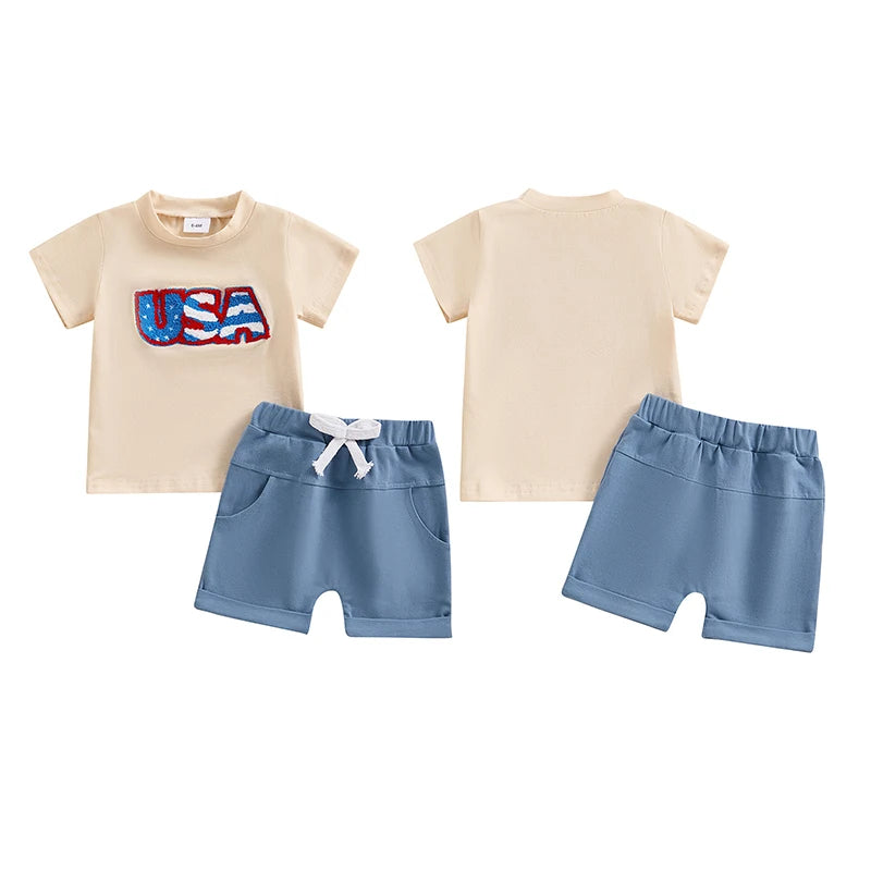 0-3Y Infant Baby Boys Clothes Set 2pcs Short Sleeve USA Letters Embroidery T-shirt with Shorts Outfit