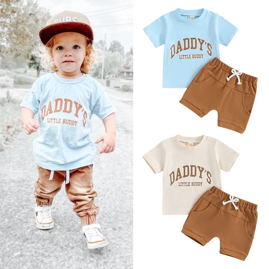 0-3Y Toddler Baby Boy Summer Clothes Set- 2pcs Letter Print Short Sleeve T-Shirt with Elastic Waist Solid Colour Shorts