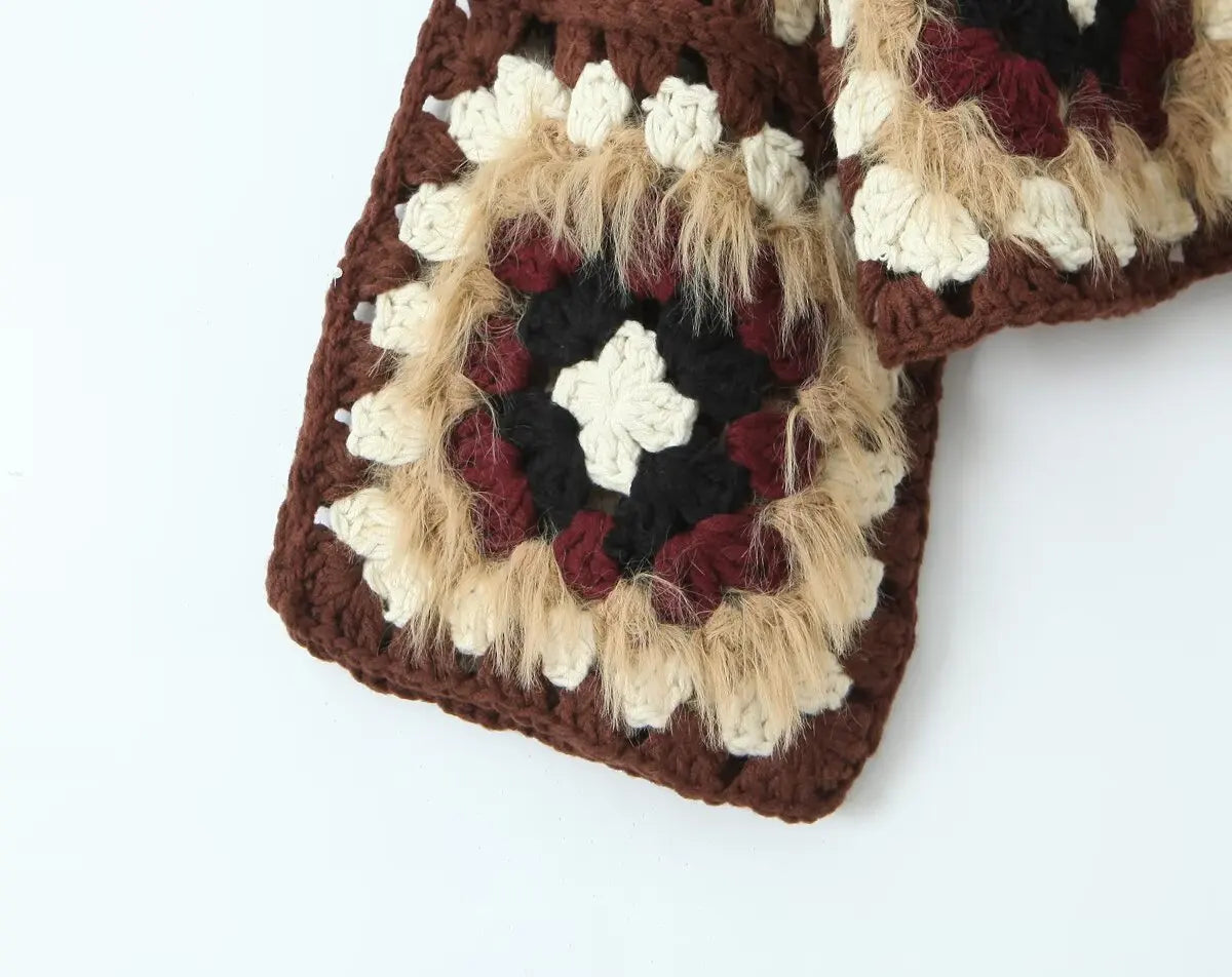 Boho Plaid Handmade Crochet Cardigan - Long Sleeve Lace Up Autumn Sweater