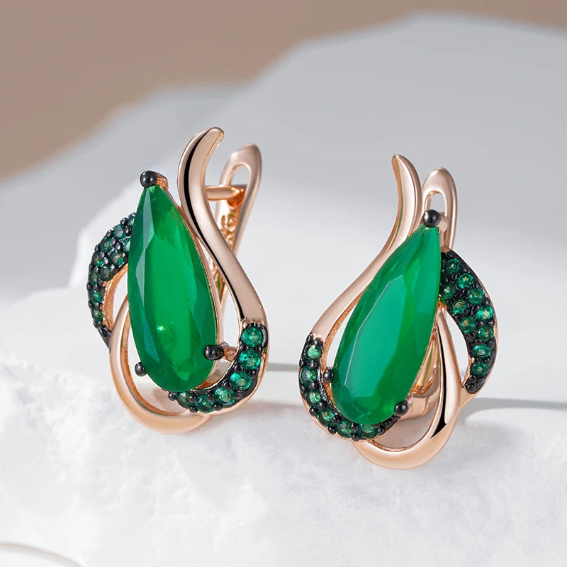 Women's Green Natural Zircon 585 Rose Gold and Black Plating Crystal Flower Earrings