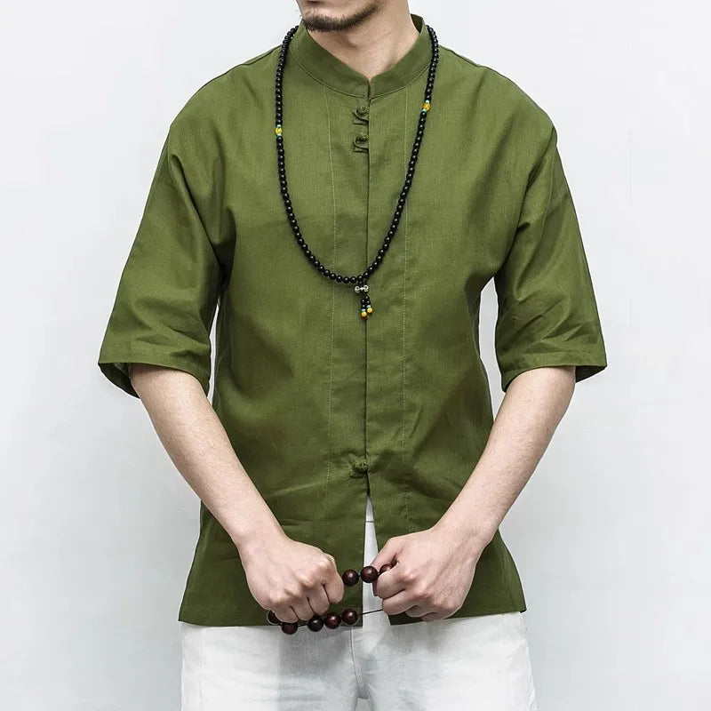 Men's Summer Loose Casual Cotton Linen Half Sleeve Chinese Style Stand Collar Shirt