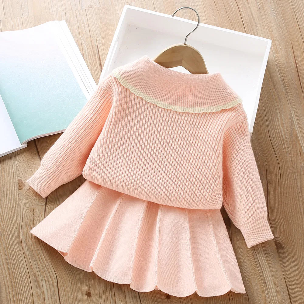Girl's Clothes Collar Embroidery Flower Knit Cardigan Sweater and Short Skirt Two-piece Set