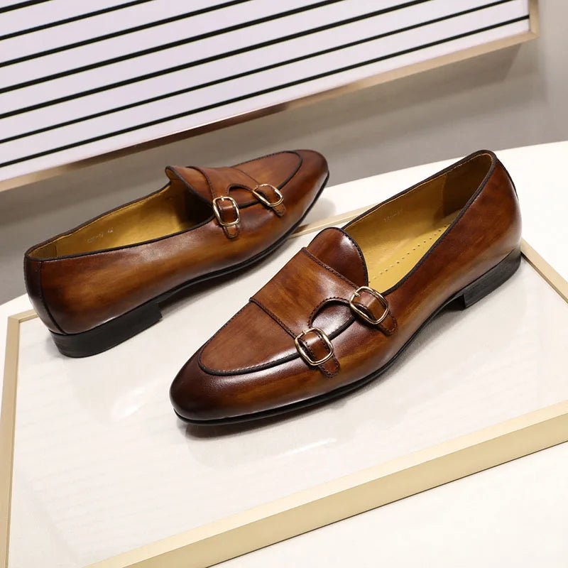 Men's Genuine Leather Loafers Handmade Monk Strap Shoes