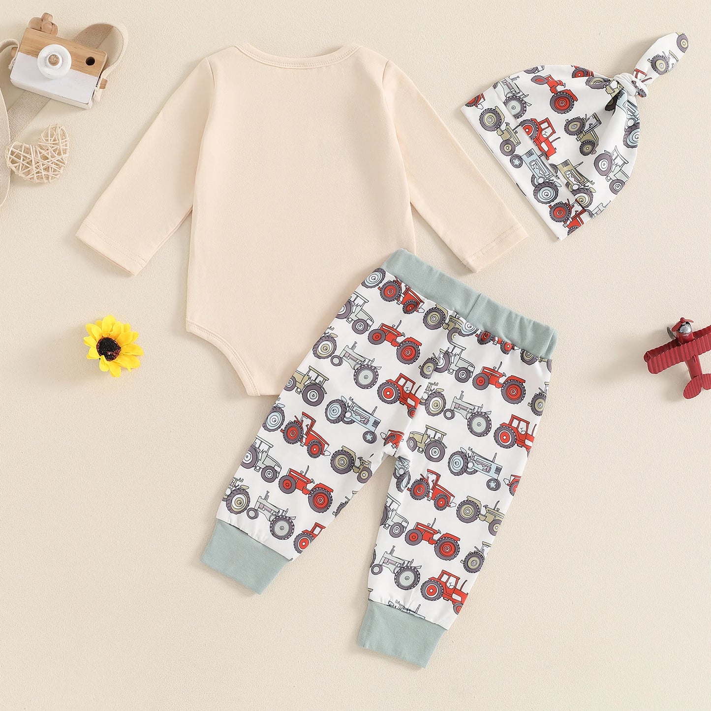 0-18M Newborn Baby Boys 3-Piece Clothing Set - Long Sleeve Romper with Tractor Pants and Hat