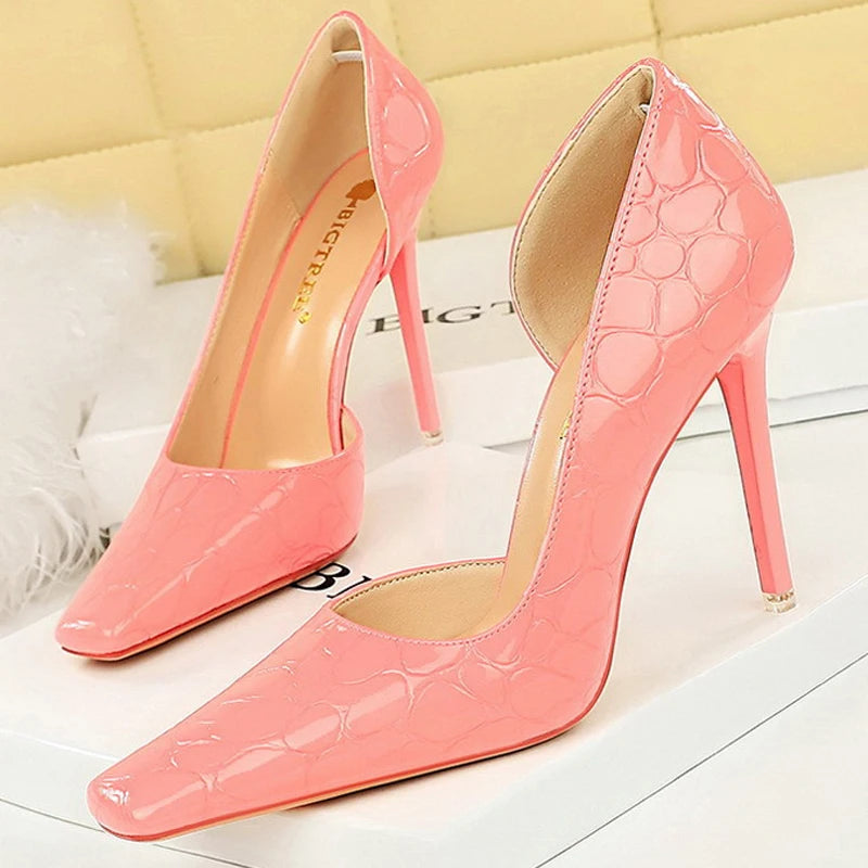 Women's Patent Leather Stone Pattern High Heels Square Head Stilettos Shoes