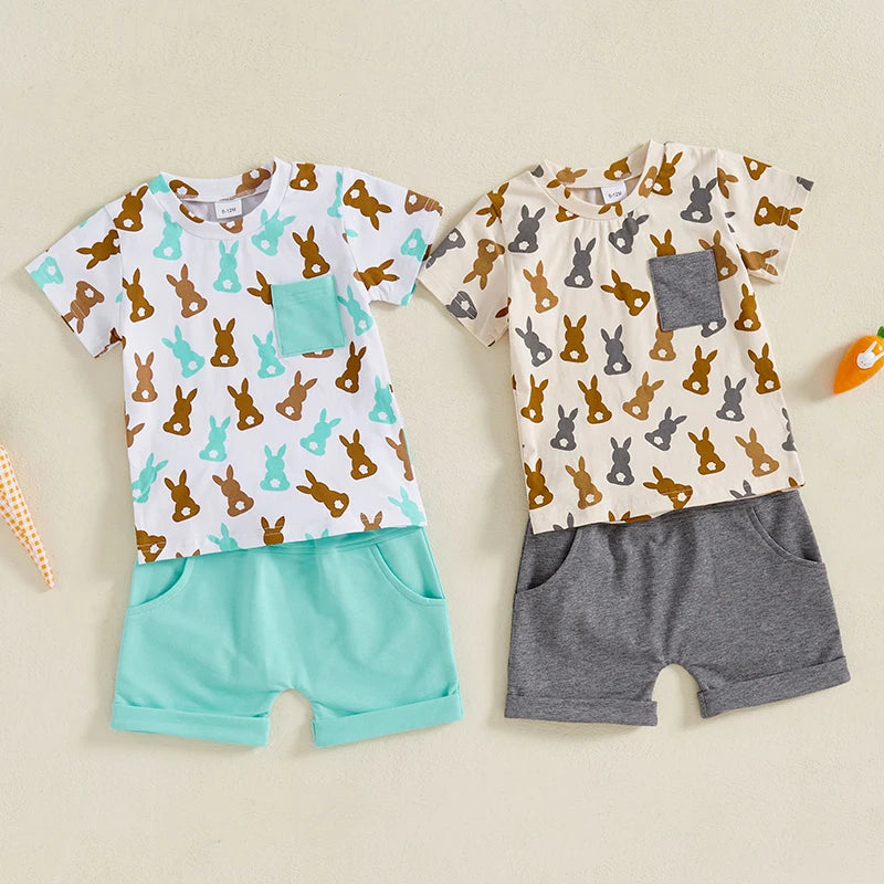 Toddler Baby Boys' Easter Outfit Set - Rabbit Print Short Sleeve T-Shirt & Shorts with Pockets 2pcs