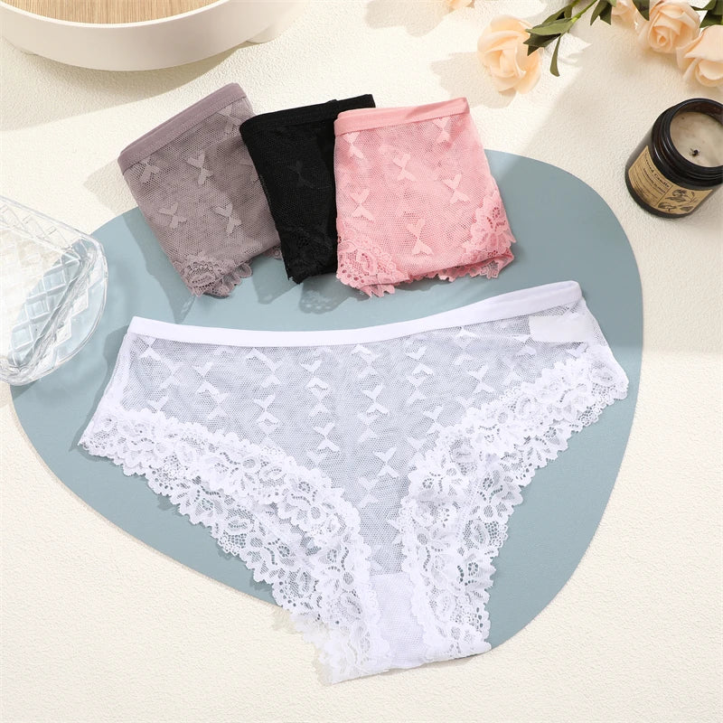 Women's Lace Underwear 3-Piece Set - Floral Hollow Out Briefs