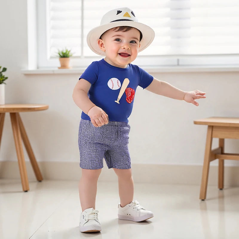 Baby Boys Baseball Outfit Set - Embroidery T-Shirt with Plaid Shorts
