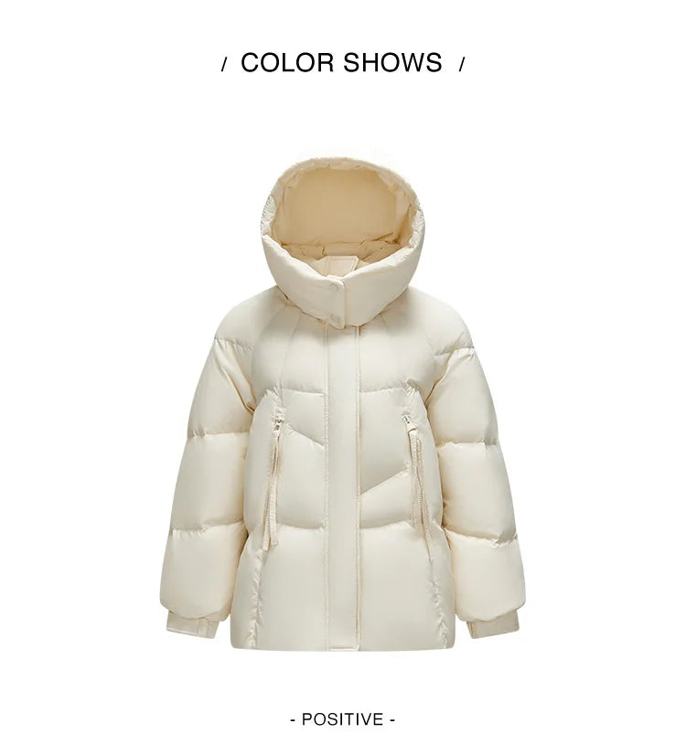 Mid-Length Loose Fit Hooded Down Jacket - Women's Textured Winter Coat