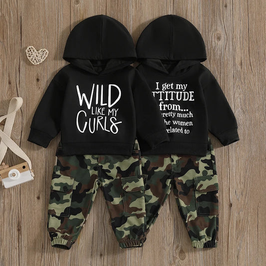 1-6Y Kids Boys Casual Clothes Set - Letter Print Long Sleeve Hooded Pullover Top and Camouflage Pants