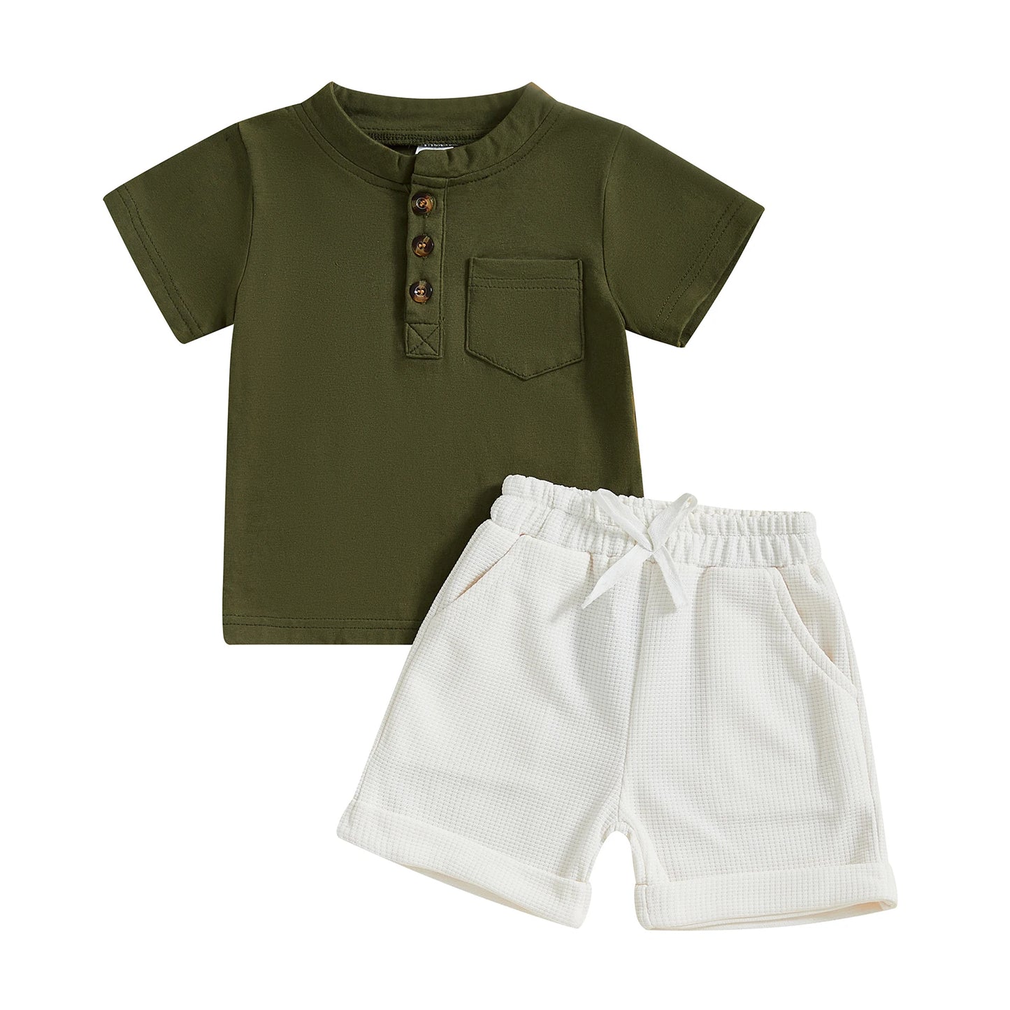 Casual Summer Baby Boys Button-Up Outfit Set - Round-Neck Top & Solid Color Shorts (0-4Y)