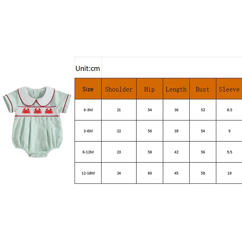 Baby Boys Girls Summer Romper - Crab Embroidery Doll Collar Jumpsuit (0-18M)