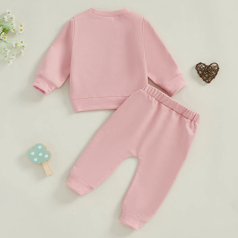 0-4Y Kids Girls Long Sleeve Letter Flower Embroidery Sweatshirt Top Drawstring Pants