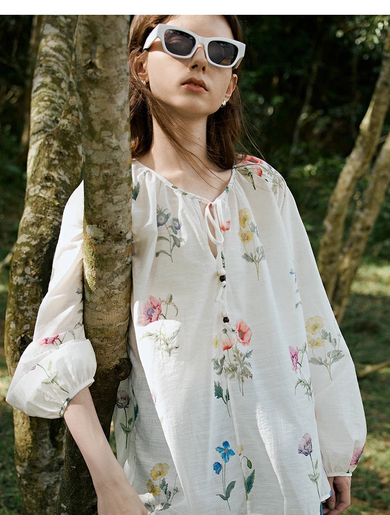 Women's Linen Blend Floral Print Blouse | Lantern Sleeves | O-Neck | Loose Fit | White | Spring Summer