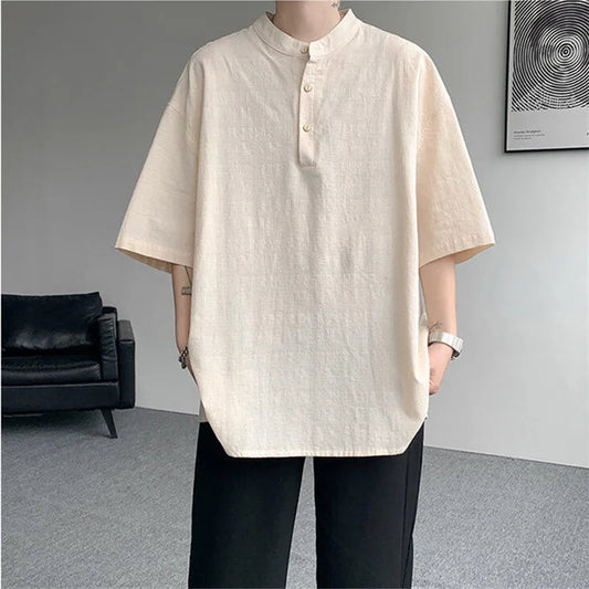 Men's Summer Henry Collar Cotton Linen  Loose Breathable Casual Short Sleeve Shirt