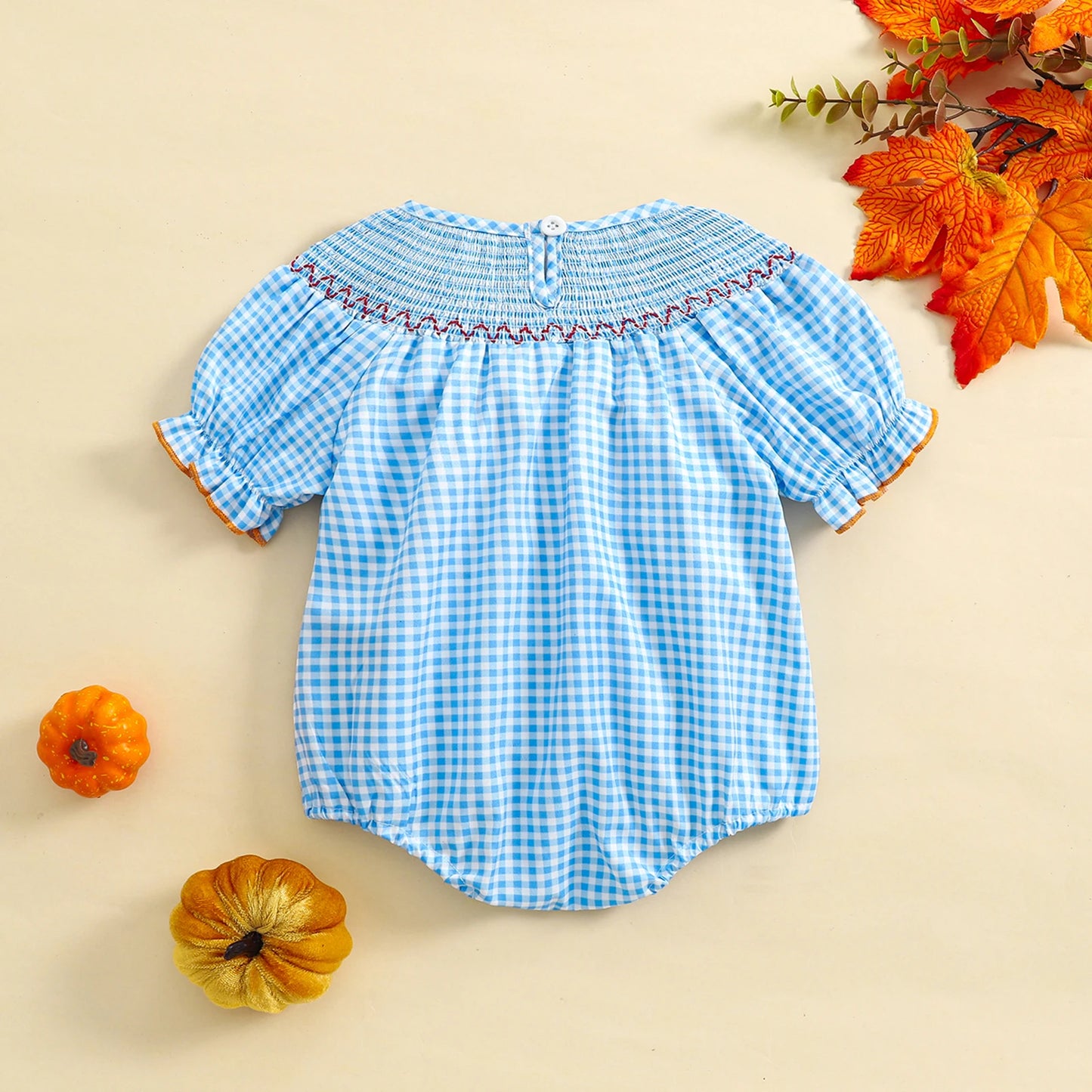 0-3Y Baby Girls Boys Romper Pumpkin Embroidered Plaid Print Short Sleeve Ruffled Jumpsuits