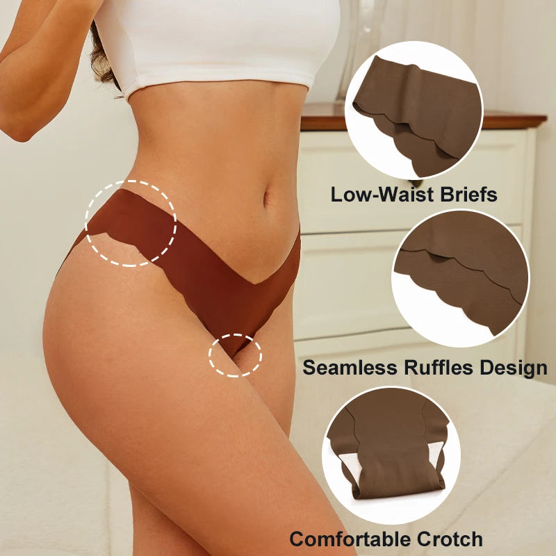 Women's 5Pcs Ice Silk Ruffles Underwear V Waist Panties Seamless Low-Waist Briefs  Comfortable Lingerie