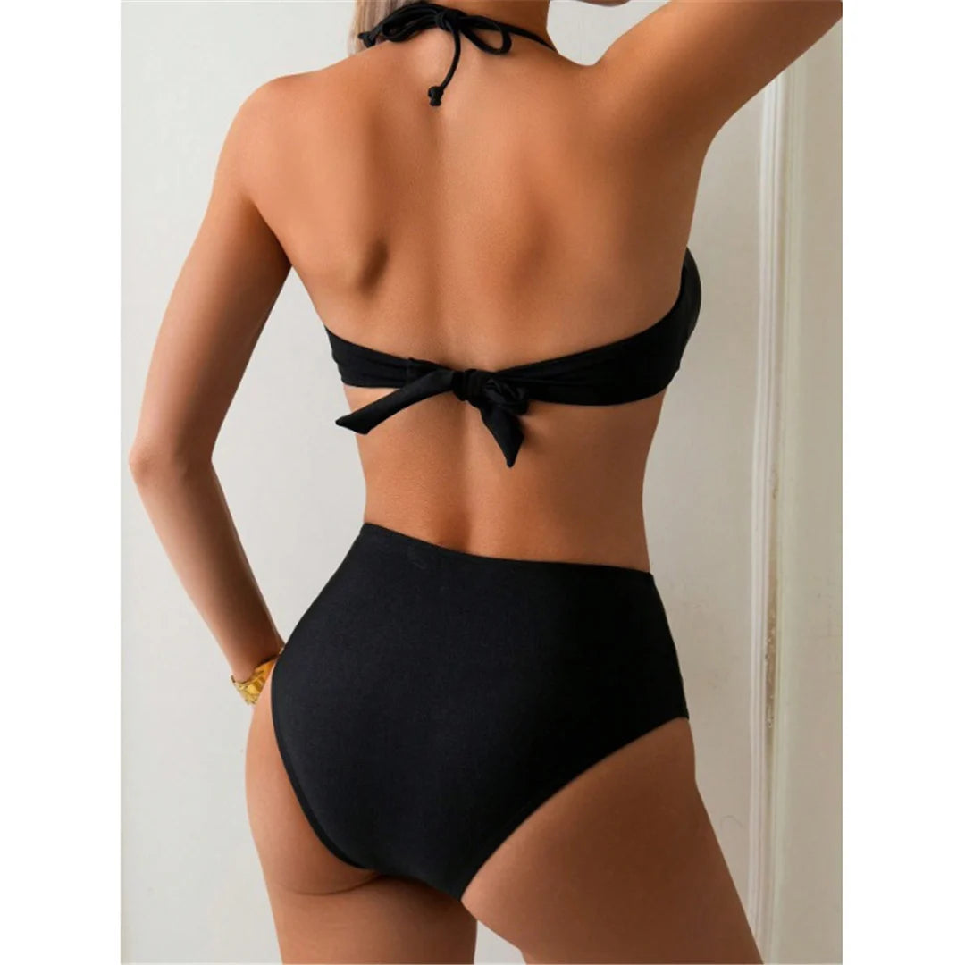 Women's Metal Ring Halter Swimsuit High Waist Bikini  Swimwear Two-pieces Bikini set