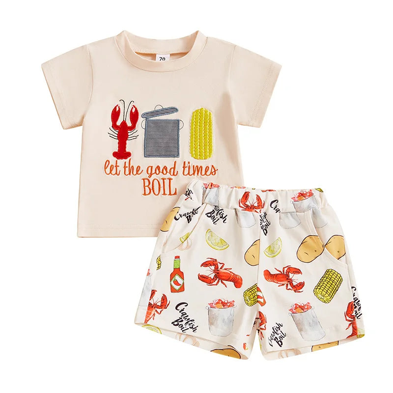 Boys Summer Outfit Set - Cartoon Letter T-shirt & Lobster Print Shorts